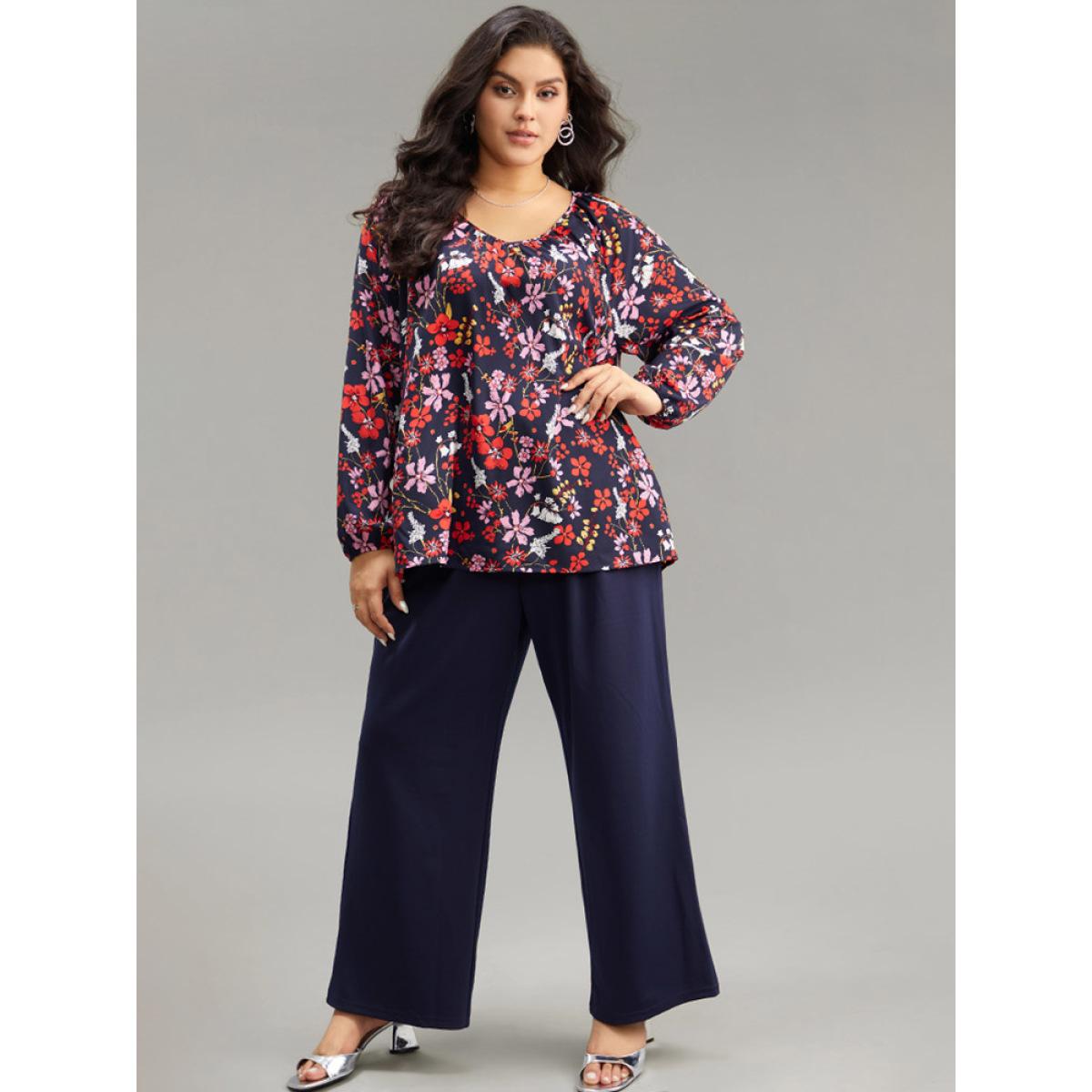 Plus Size Multicolor Floral Print Gathered Lantern Sleeve Blouse Women Elegant Long Sleeve V-neck Dailywear Blouses BloomChic 22-24/3X Product Image