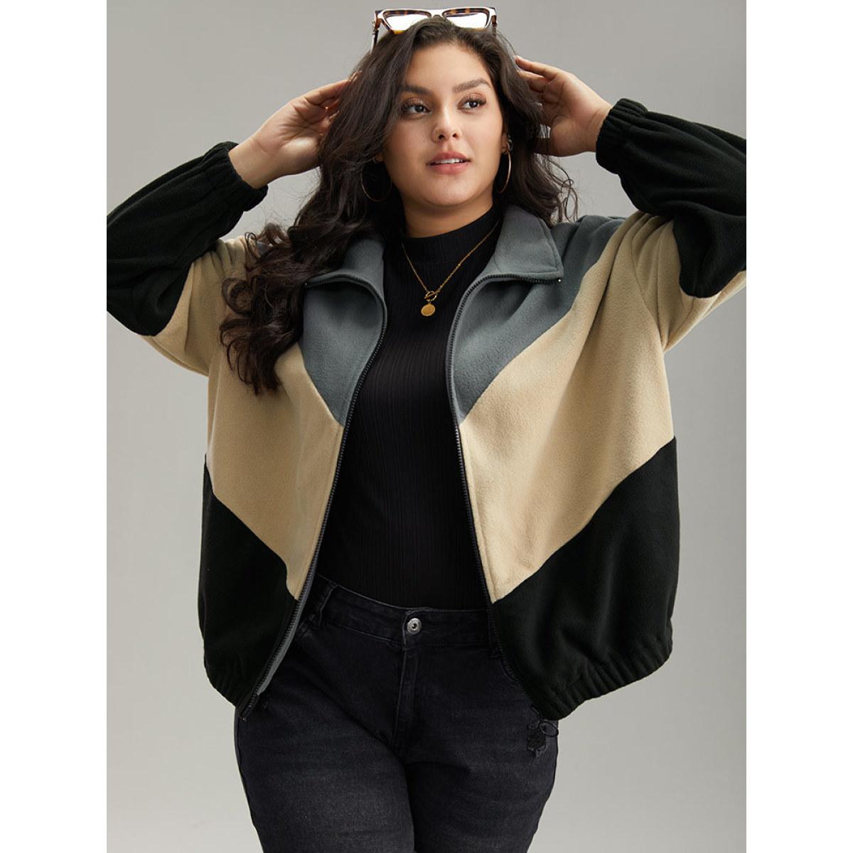 Plus Size Colorblock Contrast Zipper Drop Shoulder Jacket Women Gray Elastic cuffs Dailywear Jackets BloomChic 18-20/2X Product Image