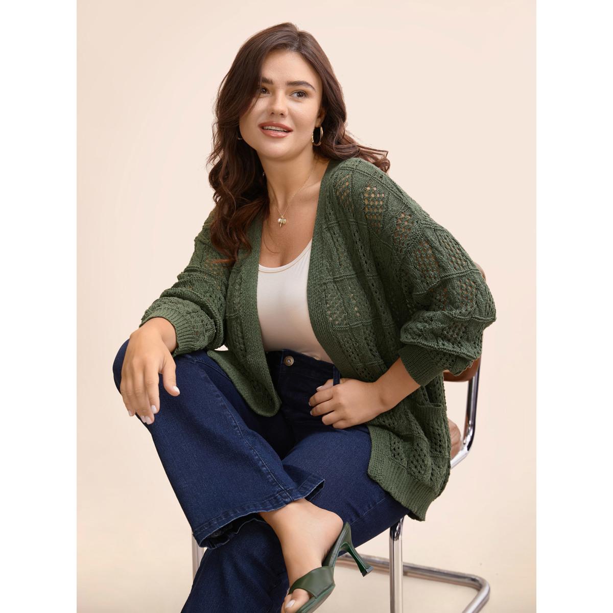 Plus Size Textured Cable Knit Pocket Cardigan Moss Women Casual Loose Long Sleeve Everyday Cardigans BloomChic 18-20/2X Product Image