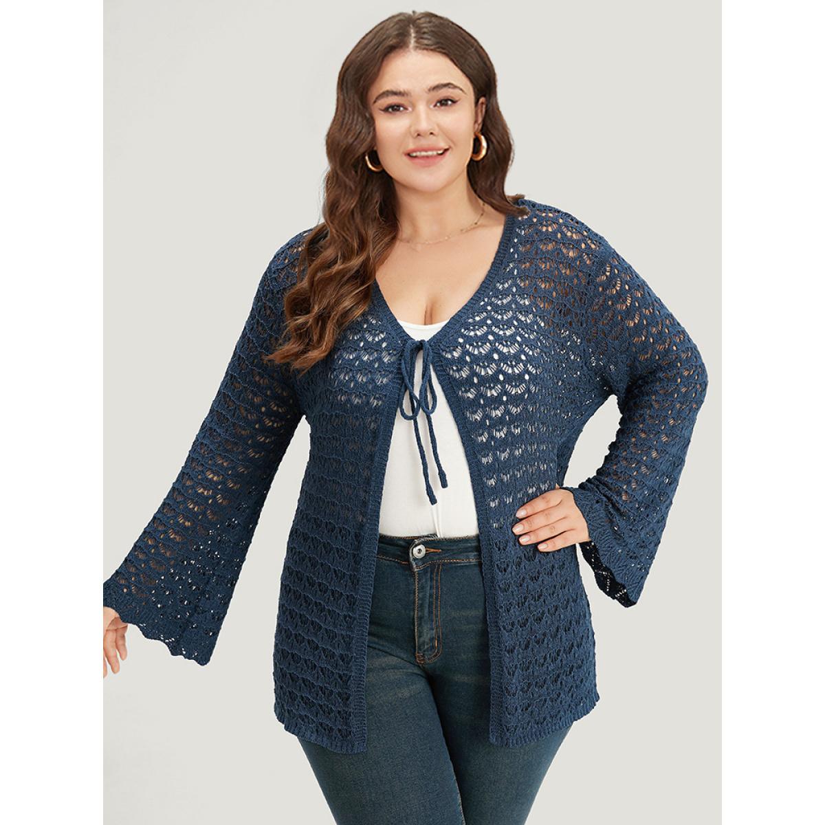 Plus Size Solid Eyelet Ties Front Bell Sleeve Cardigan Indigo Women Casual Loose Long Sleeve Dailywear Cardigans BloomChic 14-16/1X Product Image