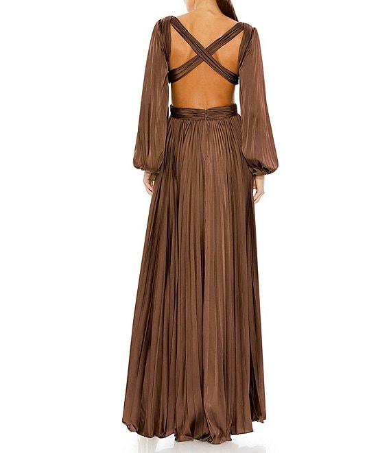 Mac Duggal Long Balloon Sleeve Side Cut-Out Pleated Deep V-Neck Satin A-Line Gown Product Image