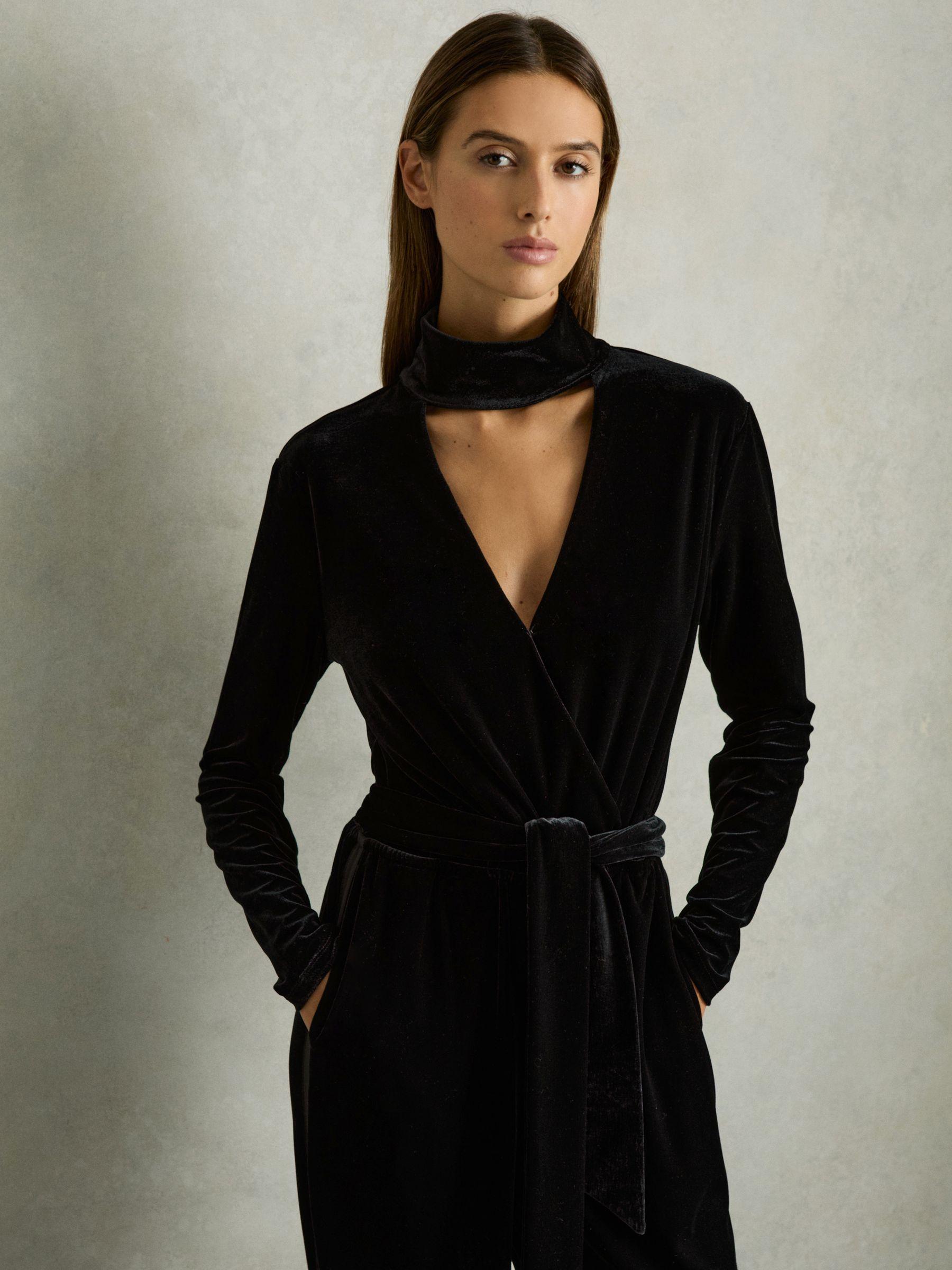 Petite Velvet Belted Wide Leg Jumpsuit in Black Product Image