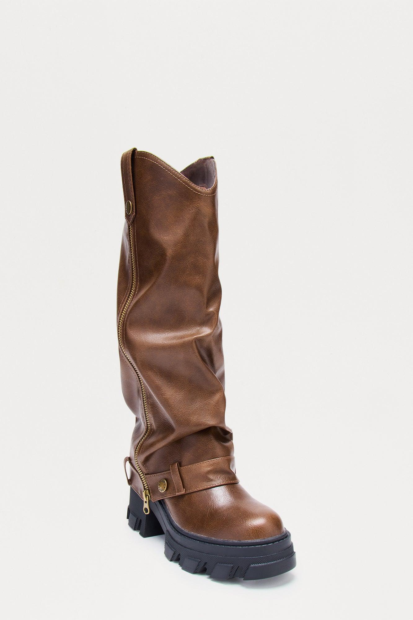 Vandon Zipper Overlay Knee High Boots - Brown Female Product Image