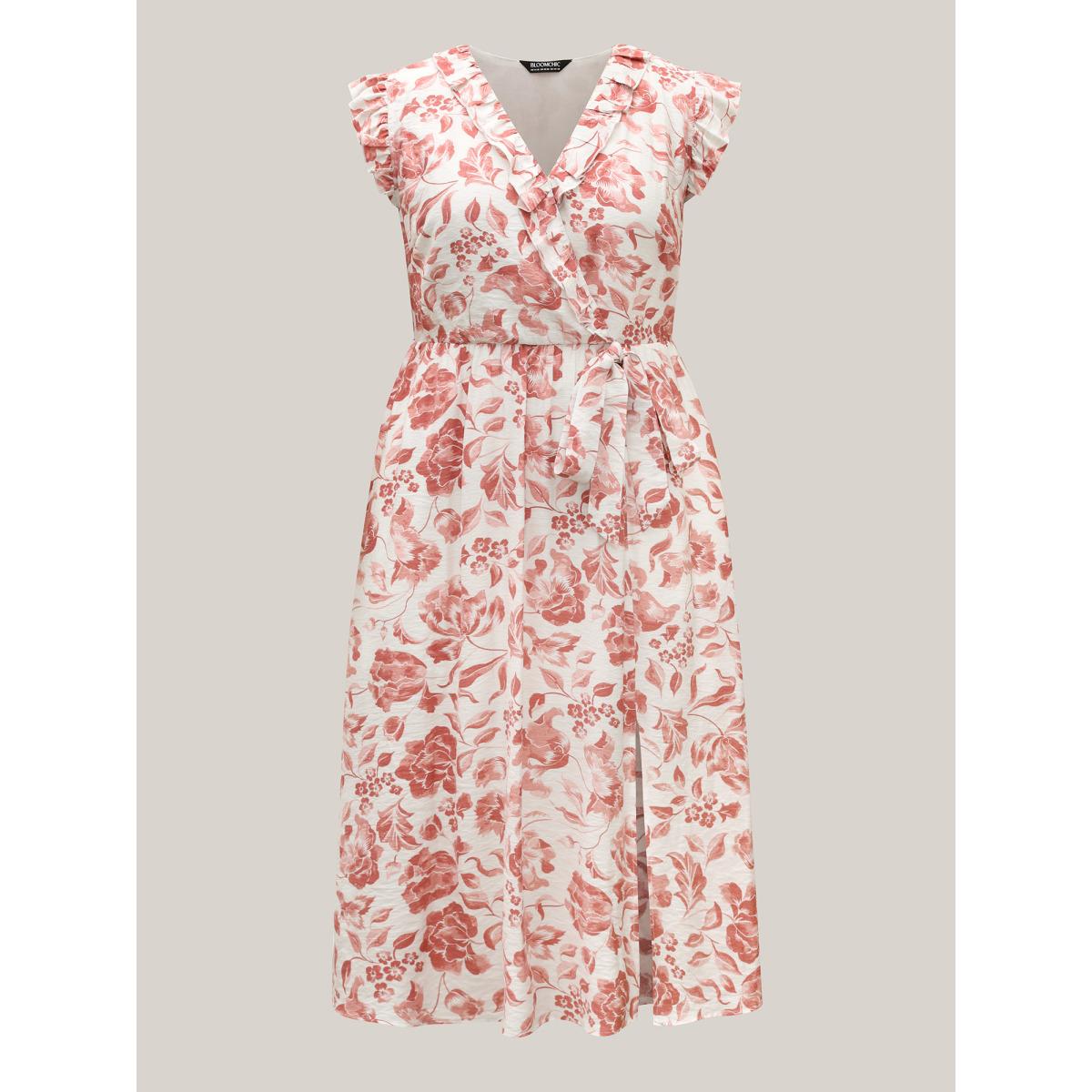 Plus Size Monochrome Floral Print Ruffled Midi Dress Rouge Women Overlap Collar Sleeveless Curvy BloomChic 28/5X Product Image