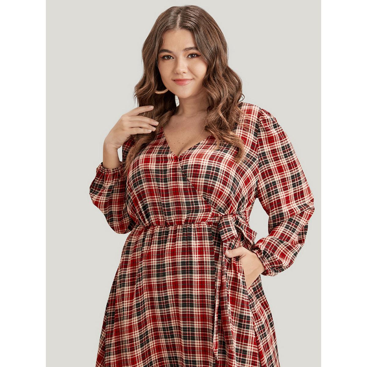 Plus Size Tartan Wrap Lantern Sleeve Pocket Knotted Split Dress Maroon Women Elegant Knotted V-neck Long Sleeve Curvy Midi Dress BloomChic 12/L Product Image