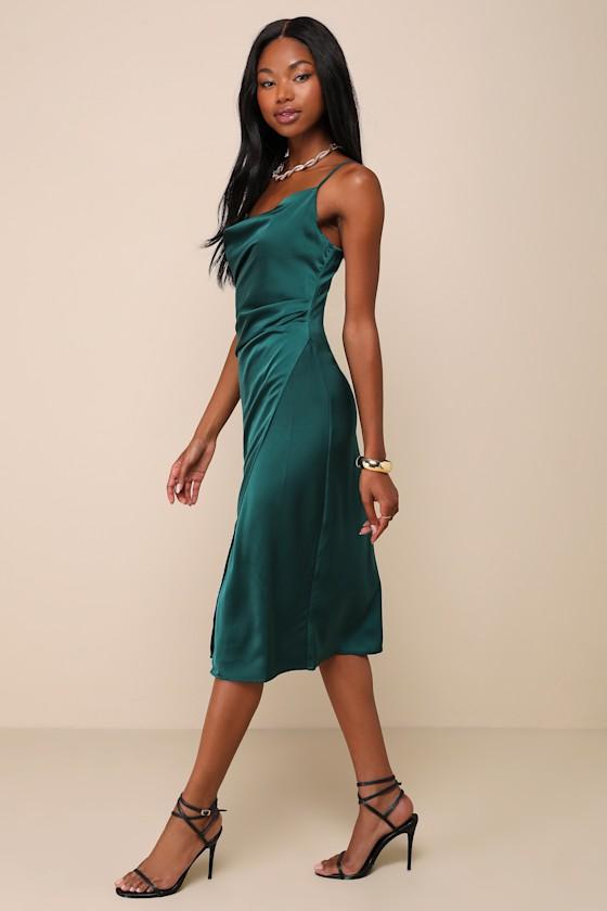 Hollywood Woman Forest Green Satin Midi Dress Product Image