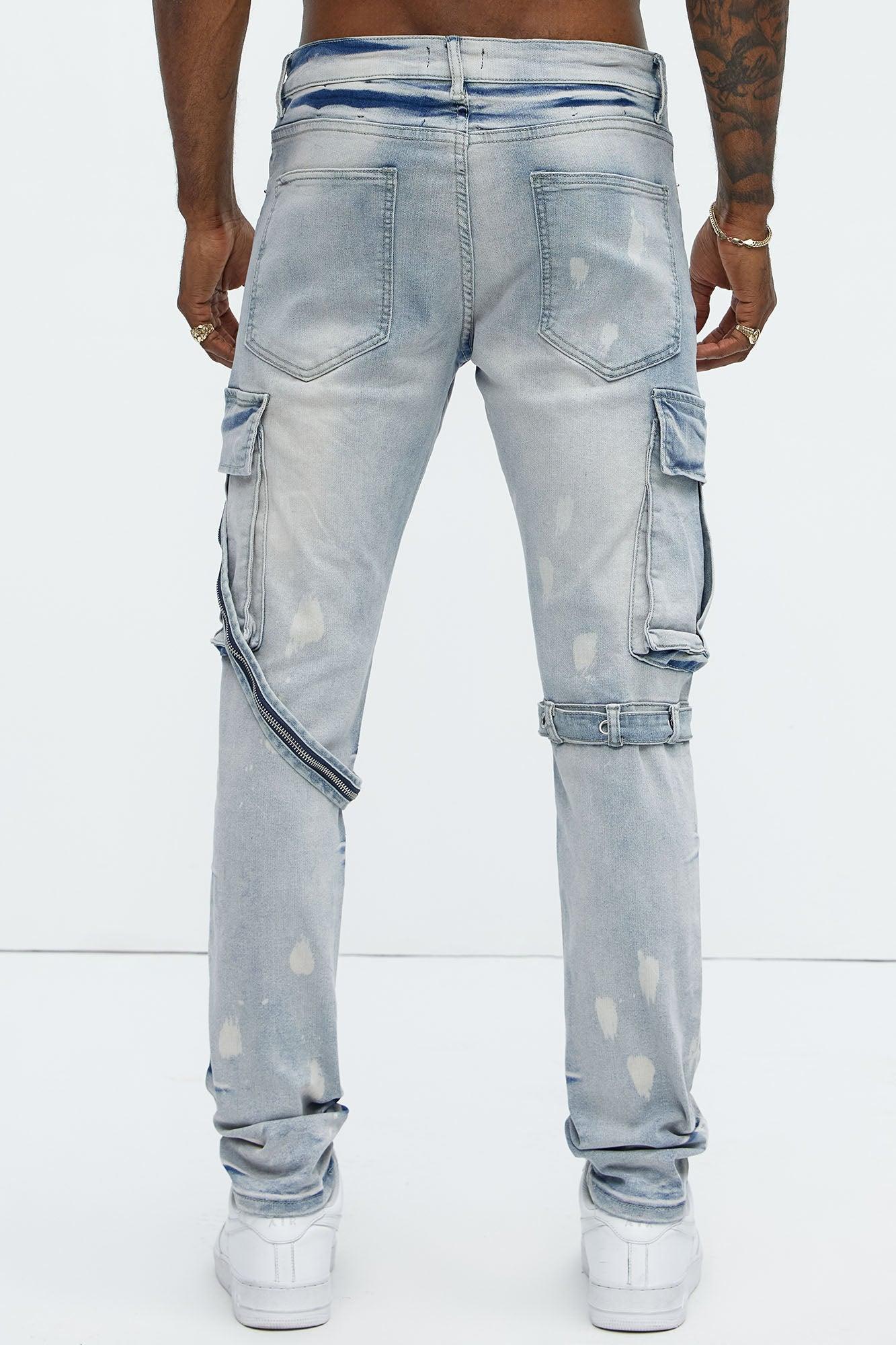 Buckle And Strap Stacked Skinny Jeans - Light Wash Product Image