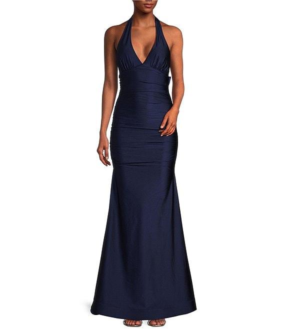 Honey and Rosie Halter V-Neck Tie Back Cummerbund Waist Gown Product Image