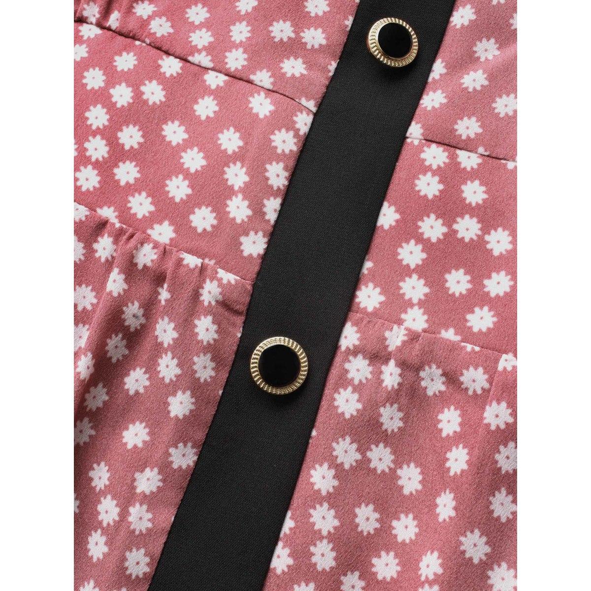 Plus Size Ditsy Floral Contrast Trim Button Detail Dress DustyPink Women Elegant Gathered Boat Neck Half Sleeve Curvy BloomChic 28/5X Product Image