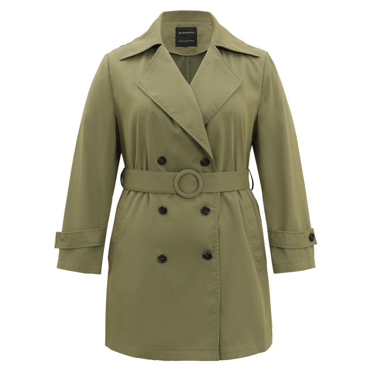 Plus Size Plain Double Breasted Belted Pocket Windbreaker Women ArmyGreen Casual Plain Ladies Dailywear Winter Coats BloomChic 28/5X Product Image