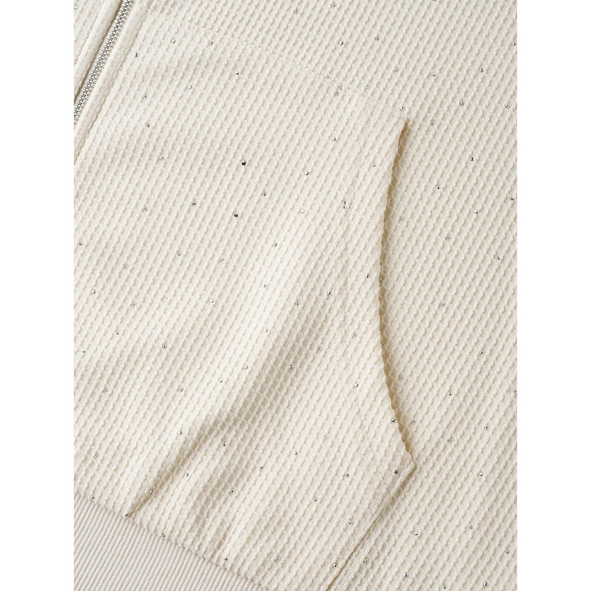 Plus Size Textured Rhinestone Hooded O Ring Zipper Sweatshirt Women Beige Casual Texture Hooded Everyday Sweatshirts BloomChic 18-20/2X Product Image