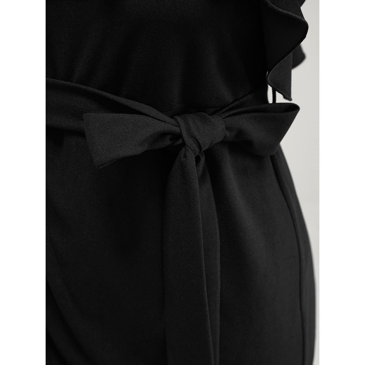 Plus Size Solid Ruffle Trim Belt Pleated Detail Bodycon Cami Dress Black Women Glamour Adjustable Straps Spaghetti Strap Sleeveless Curvy Midi Dress BloomChic 18-20/2X Product Image