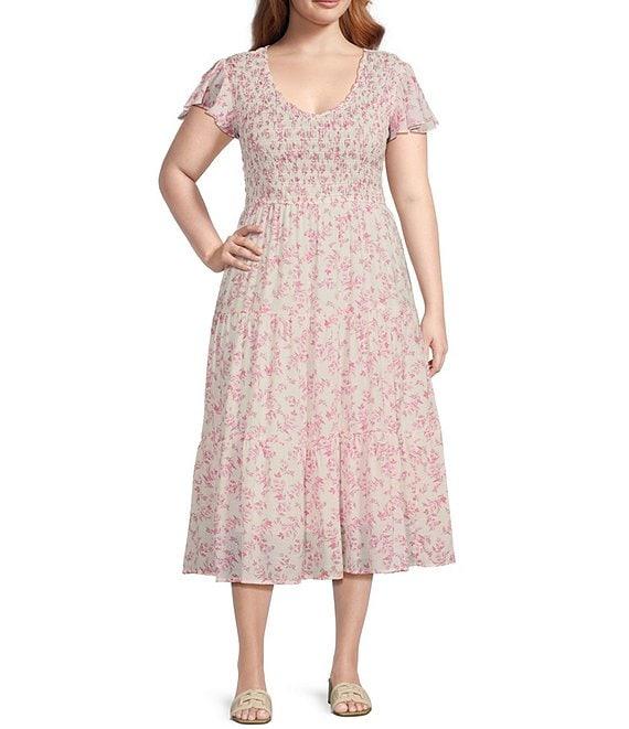 Perch By Blu Pepper Floral V-Neck Smocked Midi Dress Product Image