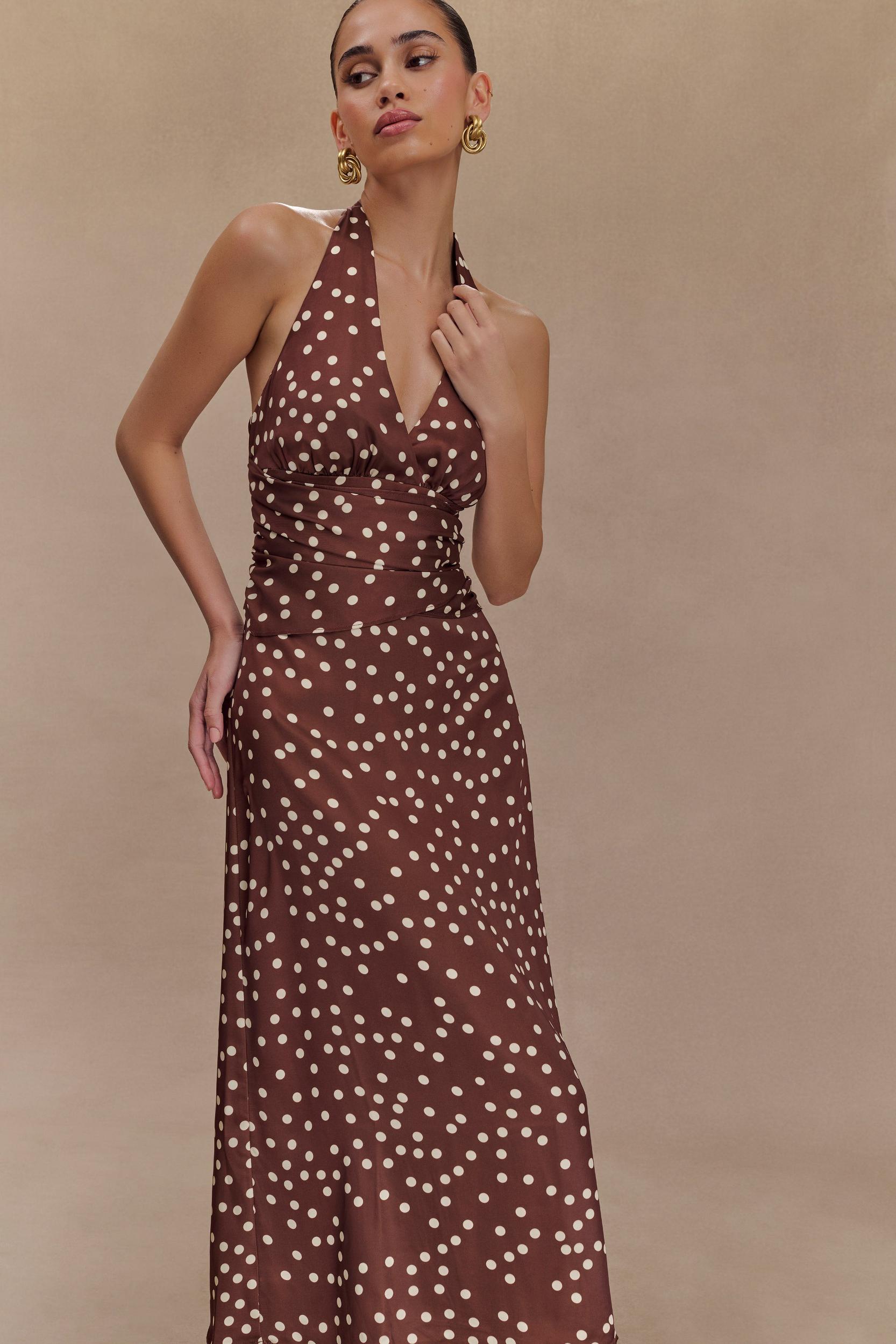 Marguerite Satin Halter Midi Dress - Brown Polka Dot Print Product Image