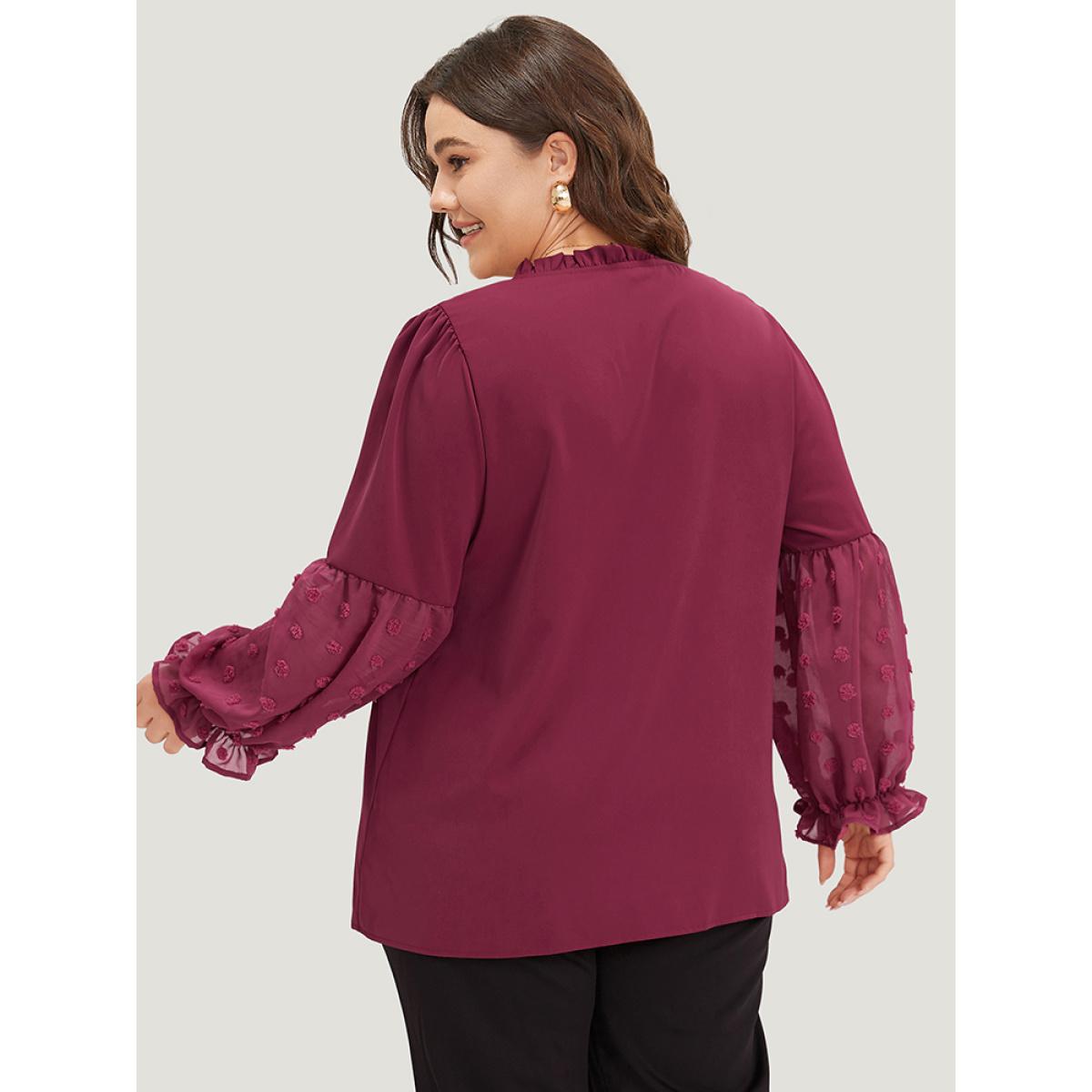 Plus Size Purple Anti-Wrinkle Plain Knot Neck Frill Trim Lantern Sleeve Blouse Women Casual Long Sleeve Tie Neck Everyday Blouses BloomChic 28/5X Product Image