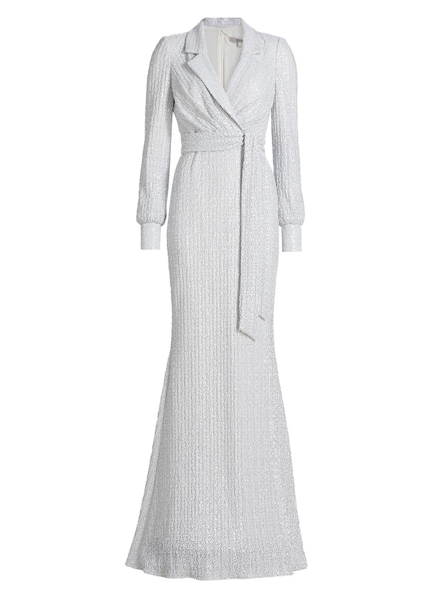 Womens Sequin Long-Sleeve Belted Gown Product Image