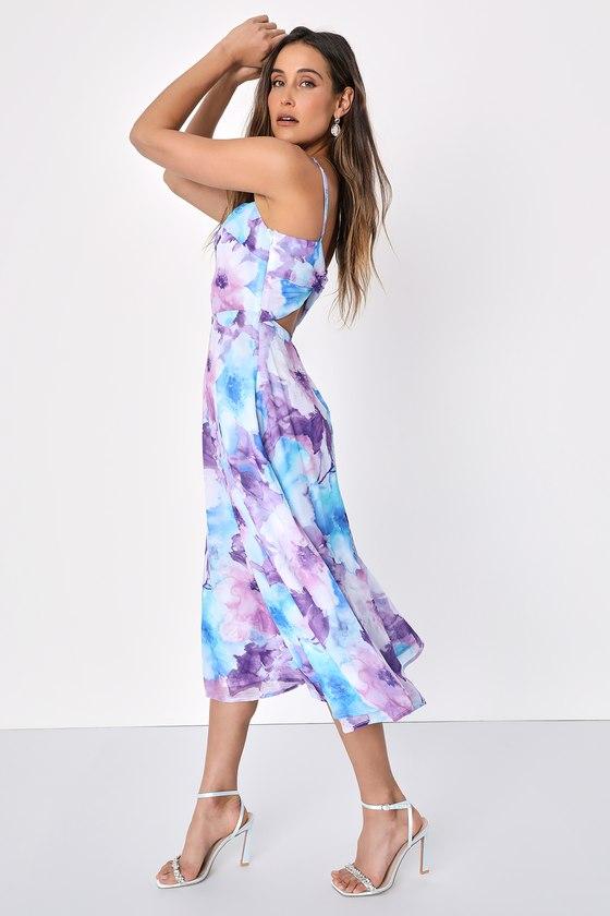 Radiant Feelings Blue and Purple Floral Chiffon Midi Dress Product Image