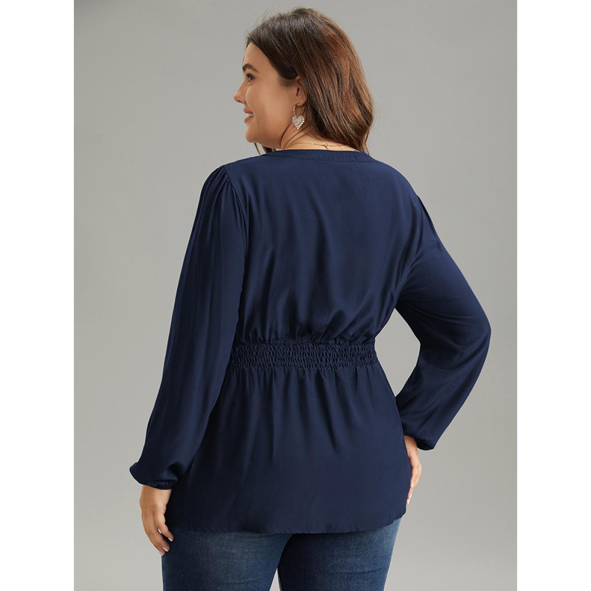 Plus Size Indigo Solid Frill Trim Shirred Flutter Hem Blouse Women Elegant Long Sleeve Notched collar Dailywear Blouses BloomChic 18-20/2X Product Image