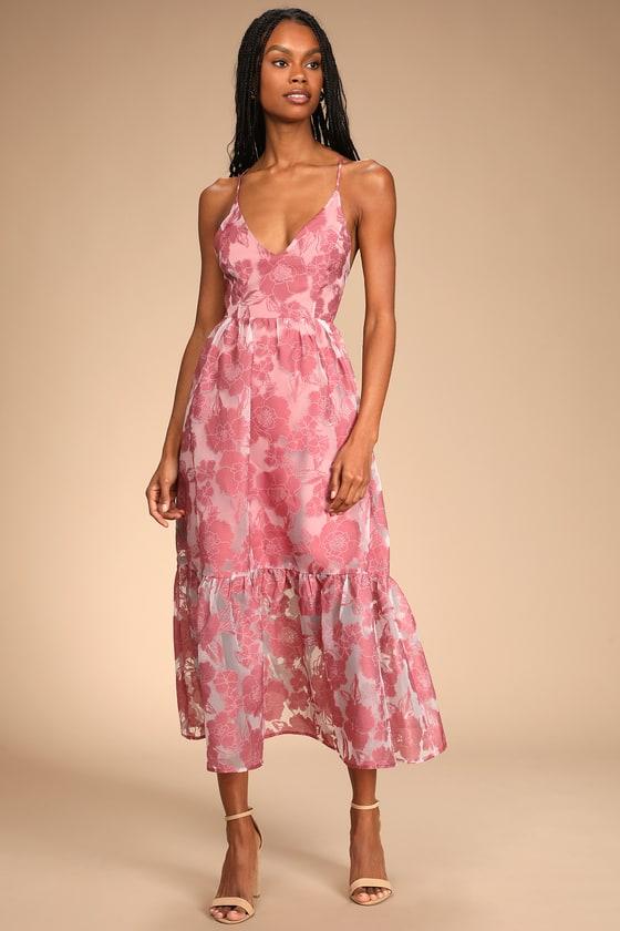 Feeling Like Forever Rose Jacquard Organza Lace-Up Midi Dress Product Image