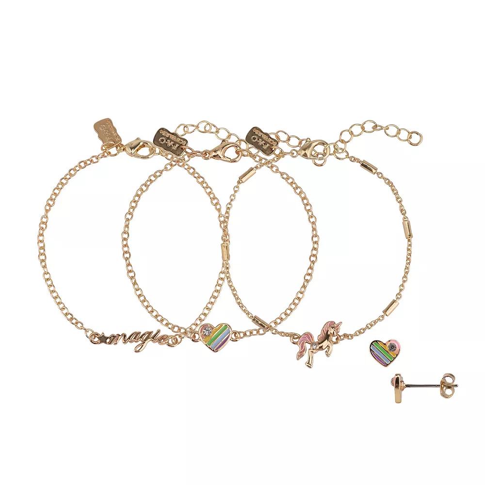 FAO Schwarz Gold Tone Unicorn Bracelet Trio & Earrings Set, Women's, Multi Product Image