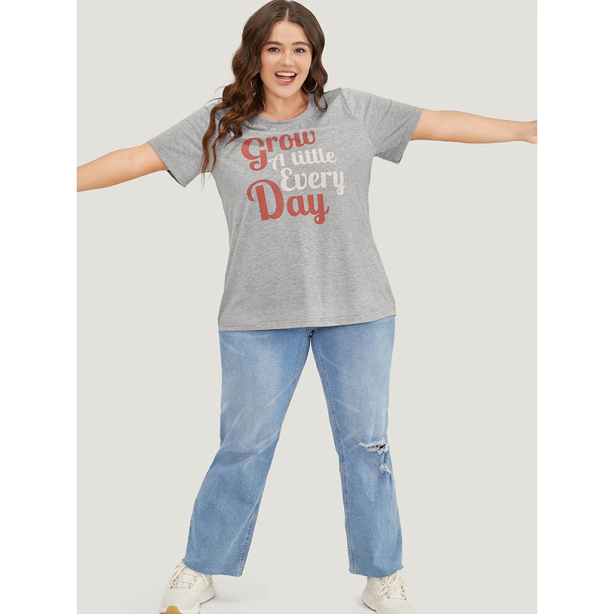 Plus Size Positive Slogans Print Round Neck T-shirt Gray Women Casual Positive slogan Dailywear T-shirts BloomChic 26/4X Product Image