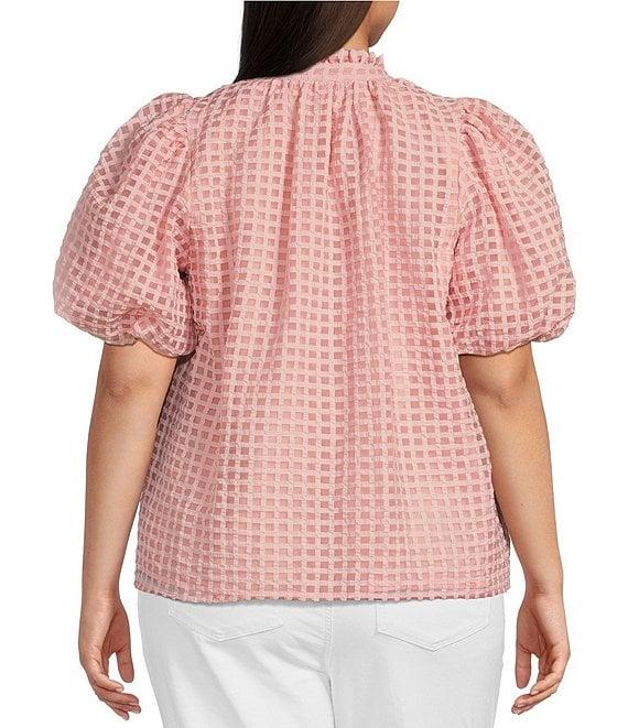 Sugarlips Plus Size Gingham Organza Split V-Neck Short Puff Sleeves Blouse Product Image