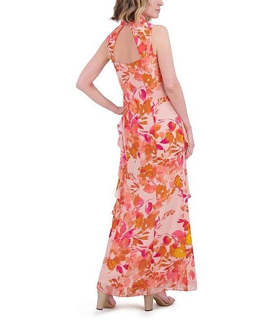 Eliza J Chiffon Floral Print Halter Neck Sleeveless Ruffle Sheath Maxi Dress Product Image