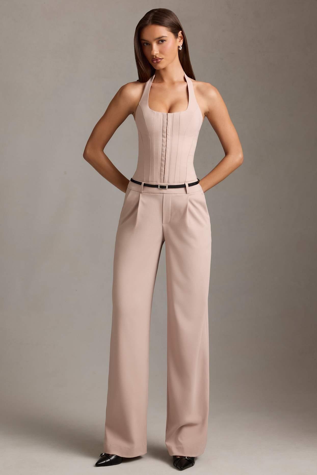 Corset-Detail Halterneck Jumpsuit in Mushroom Product Image