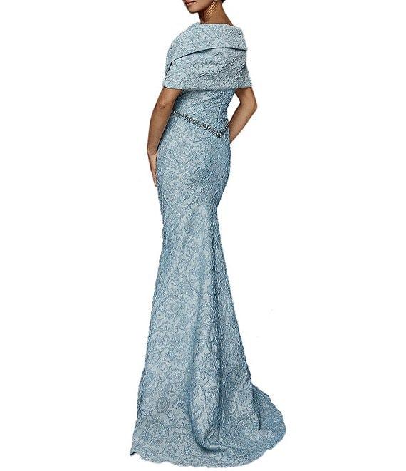 Terani Couture Brocade Twisted Short Sleeve Beaded Waist Mermaid Gown Product Image