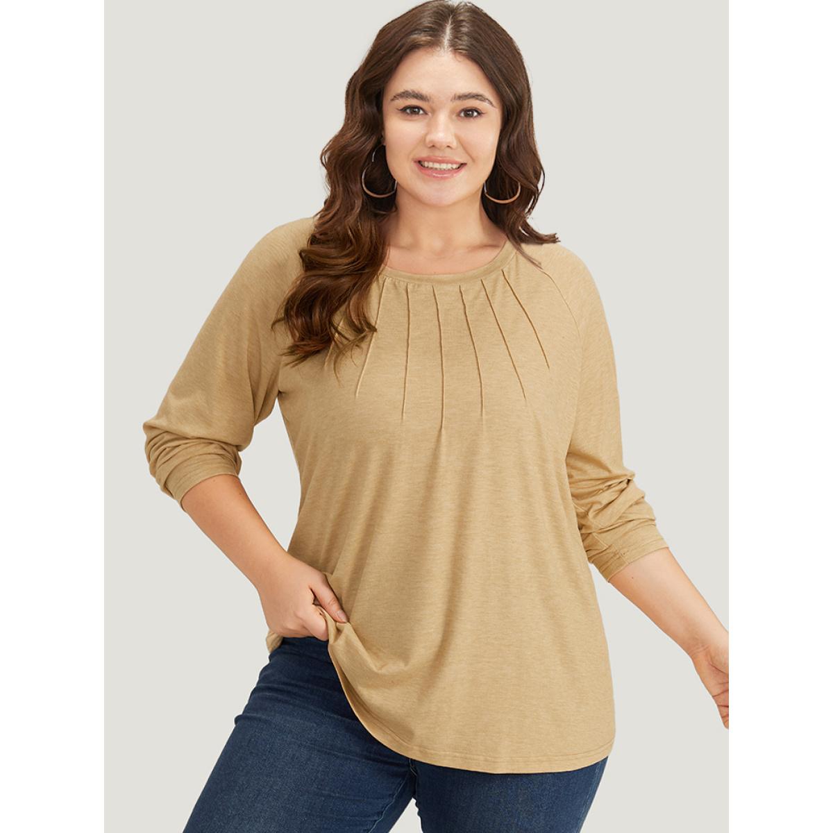 Plus Size Solid Pleated Raglan Sleeve Crew Neck T-shirt Tan Women Casual Plain Plain Round Neck Dailywear T-shirts BloomChic 12/L Product Image