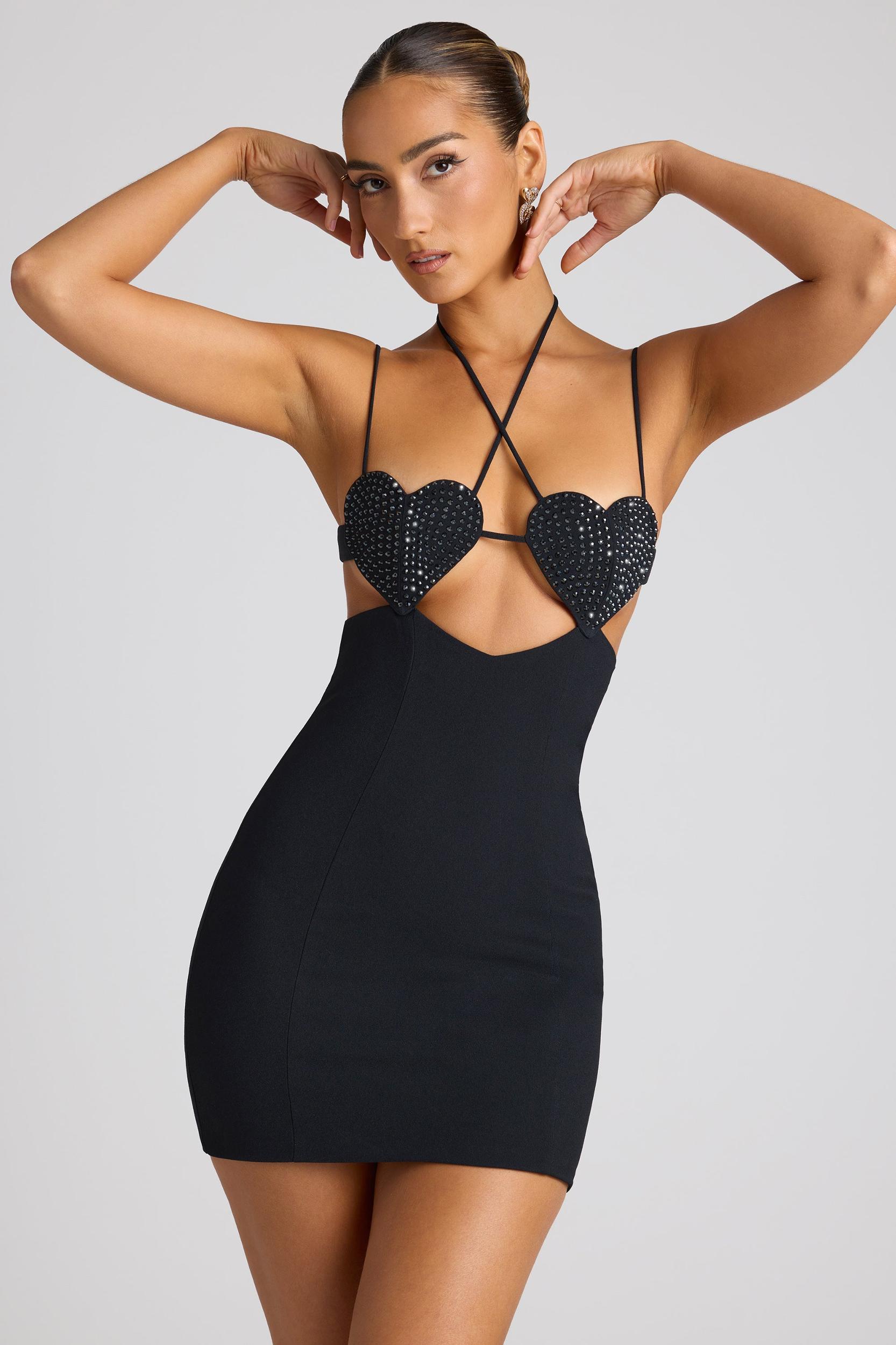 Embellished Heart Cup Detail Mini Dress in Black Product Image