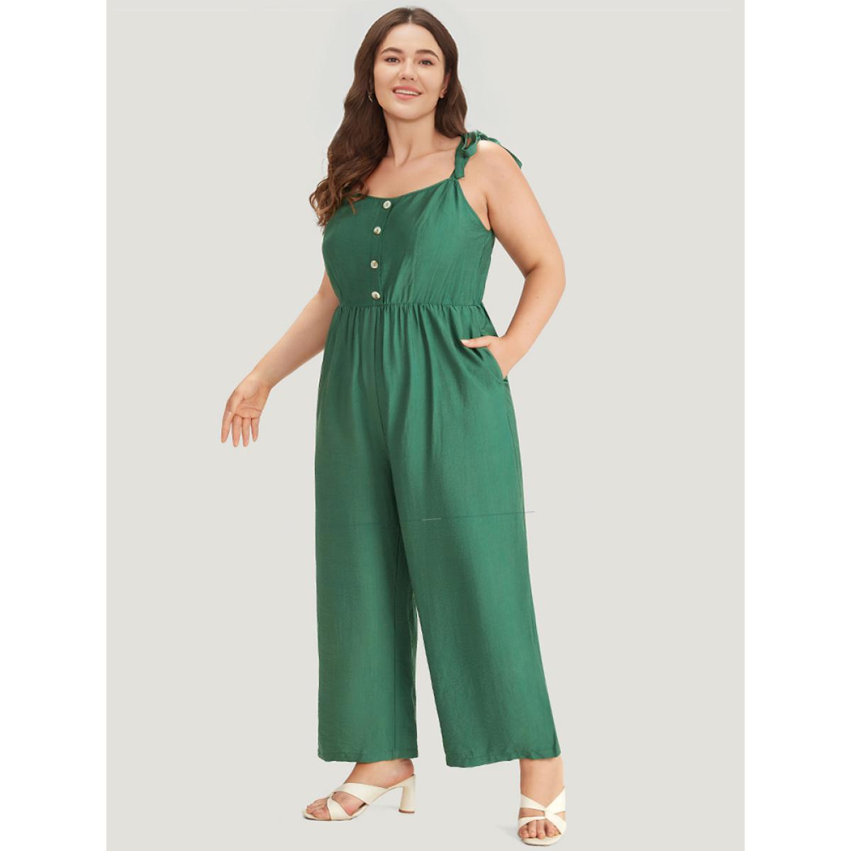 Plus Size Green Solid Button Detail Pocket Elastic Waist Knotted Shoulder Jumpsuit Women Elegant Sleeveless Spaghetti Strap Dailywear Loose Jumpsuits BloomChic 30/6X Product Image