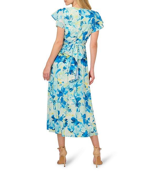 Adrianna Papell Chiffon Floral Print V-Neck Short Flutter Sleeve A-Line Midi Dress Product Image