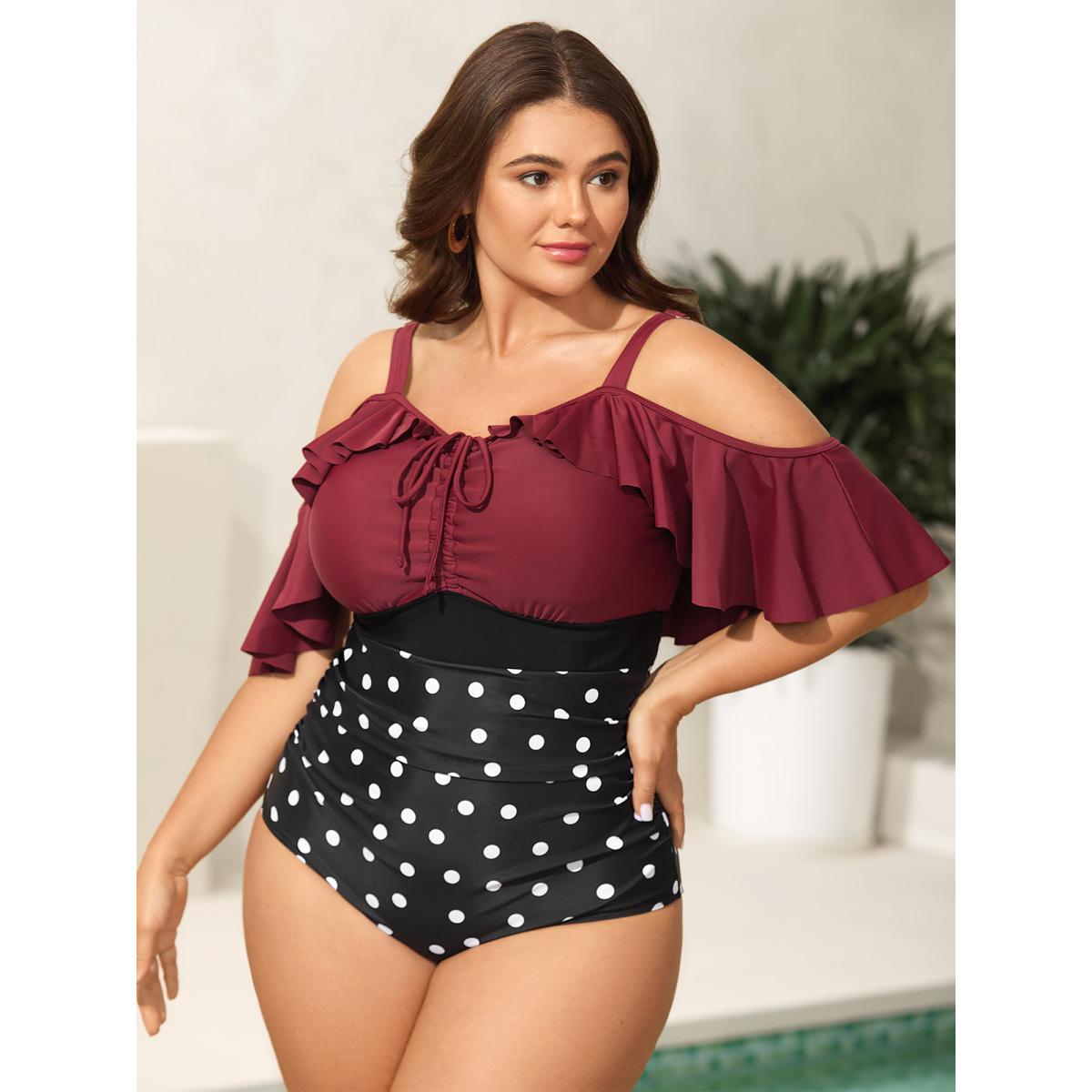 Plus Size Color Block Polka Dots One-Piece Swimsuit Women's Swimwear Deepred Beach Contrast Curve Bathing Suits High stretch One Pieces BloomChic 22-24/3X Product Image