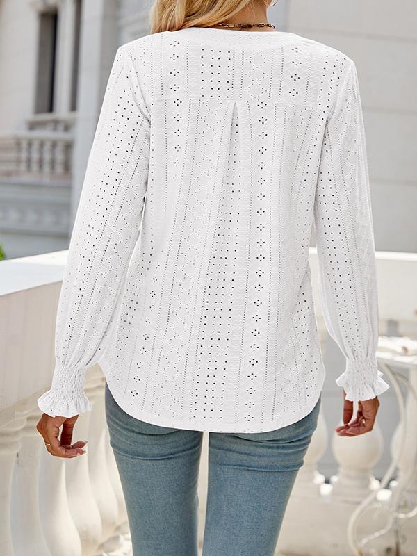 Long Sleeves Loose Elasticity Hollow Solid Color V-Neck T-Shirts Tops Product Image