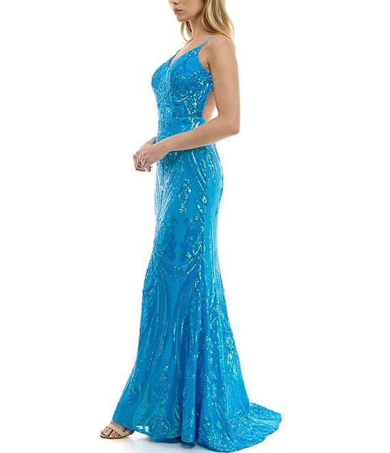 B. Darlin Patterned Sequin V-Neck Spaghetti Strap Open Back Dress Product Image