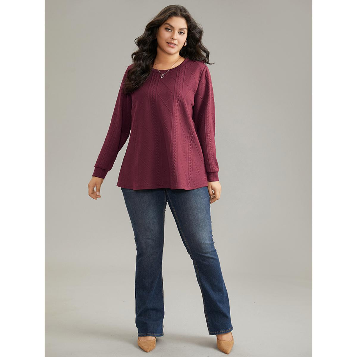 Plus Size Plain Textured Round Neck Sweatshirt Women Burgundy Casual Non Round Neck Everyday Sweatshirts BloomChic 14-16/1X Product Image