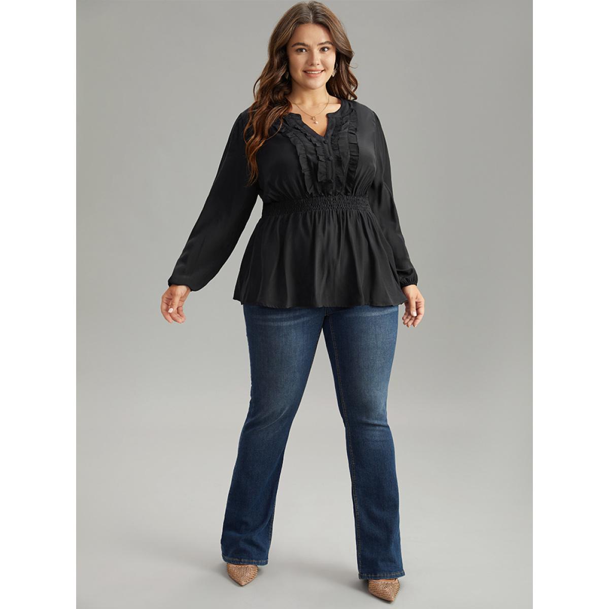 Plus Size Black Solid Frill Trim Shirred Flutter Hem Blouse Women Elegant Long Sleeve Notched collar Dailywear Blouses BloomChic 30/6X Product Image