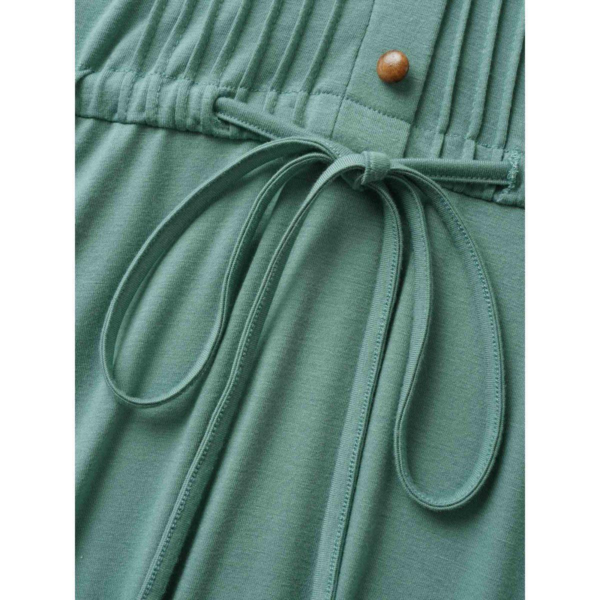 Plus Size V Neck Drawstring Button Detail Pleated Dress Mint Women Casual Pleated V-neck Sleeveless Curvy BloomChic 14-16/1X Product Image