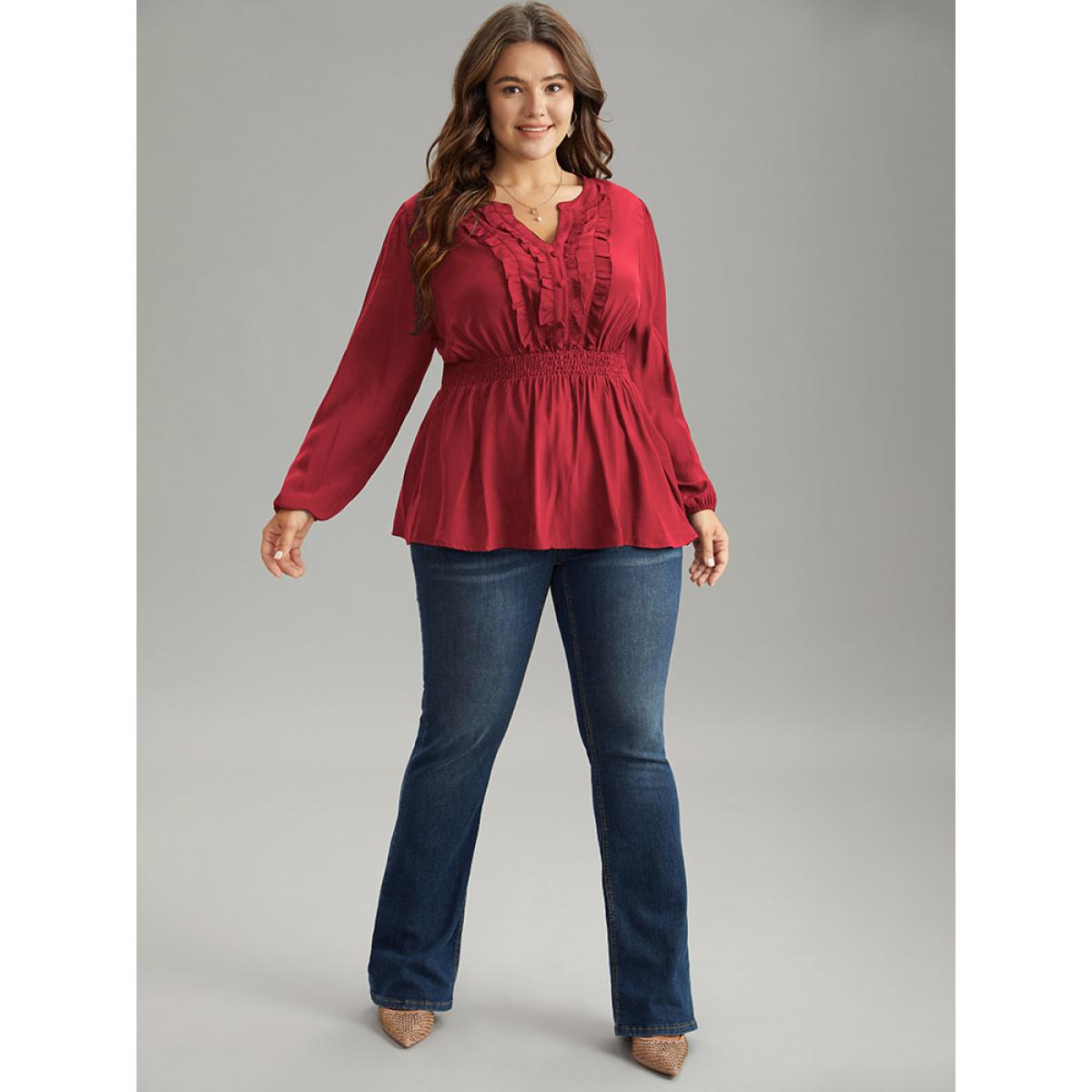 Plus Size Raspberry Solid Frill Trim Shirred Flutter Hem Blouse Women Elegant Long Sleeve Notched collar Dailywear Blouses BloomChic 22-24/3X Product Image
