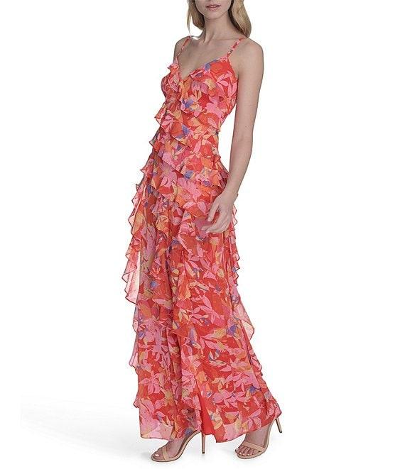 Eliza J Chiffon Floral Print V Neck Sleeveless Ruffle Sheath Maxi Dress Product Image
