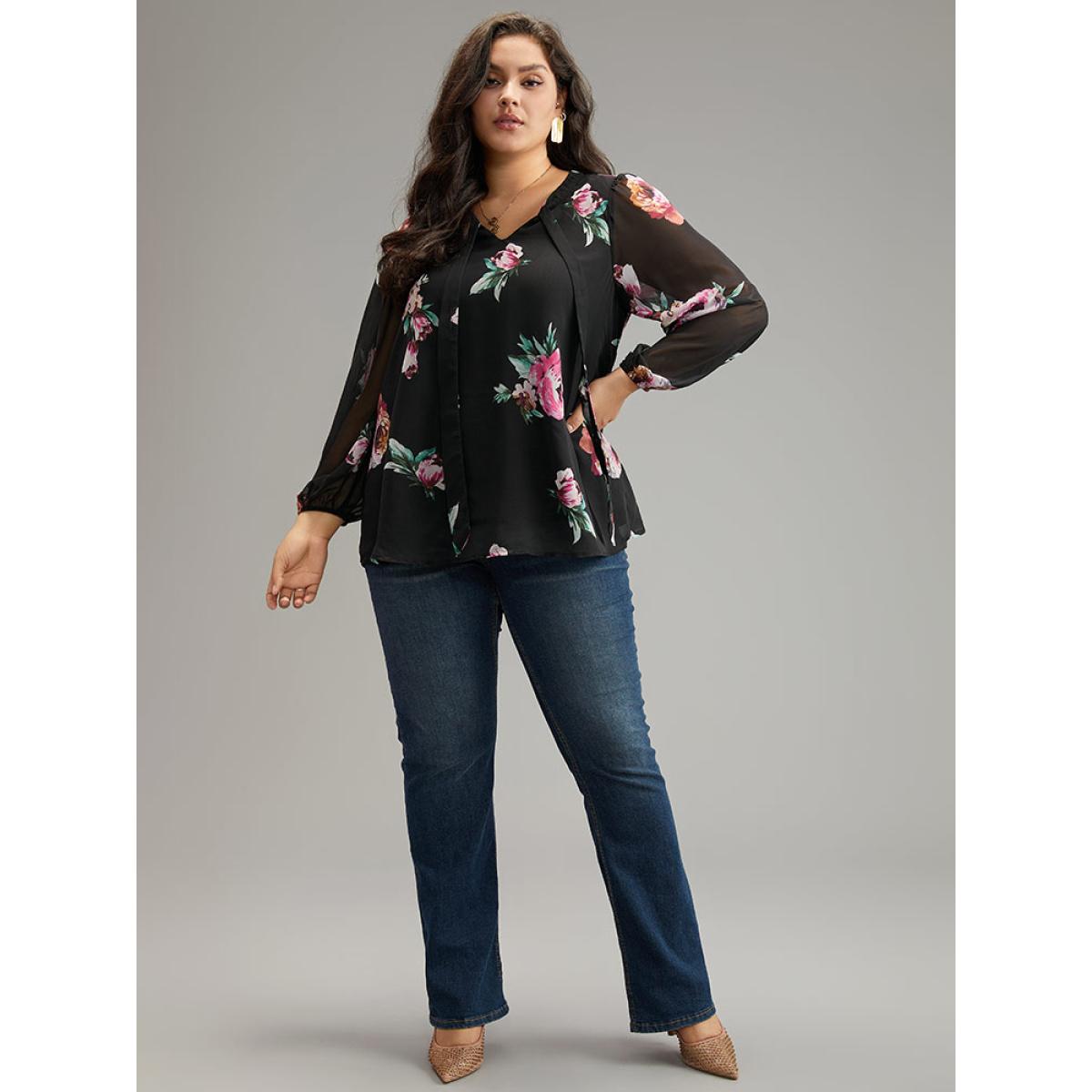 Plus Size Black Floral Knot Neck Mesh Patchwork Blouse Women Glamour Long Sleeve Tie Neck Going out Blouses BloomChic 28/5X Product Image