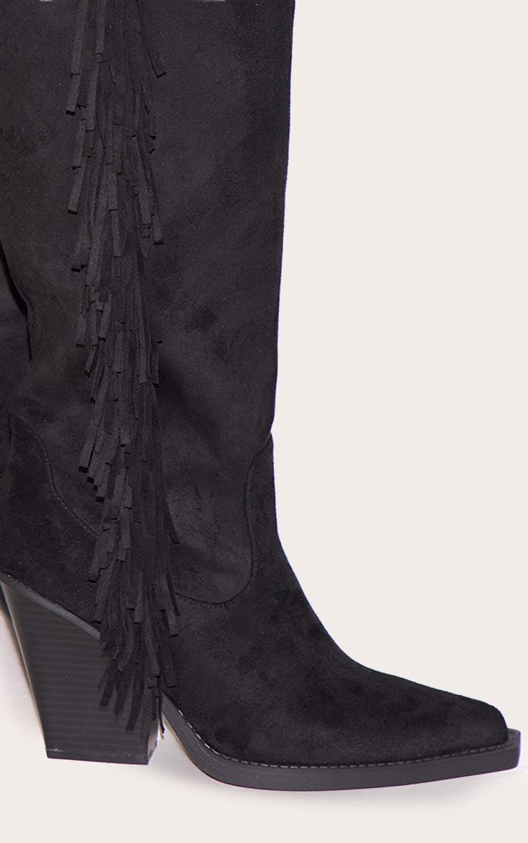Black Faux Suede Point Toe Fringed High Block Heel Knee Boots Product Image