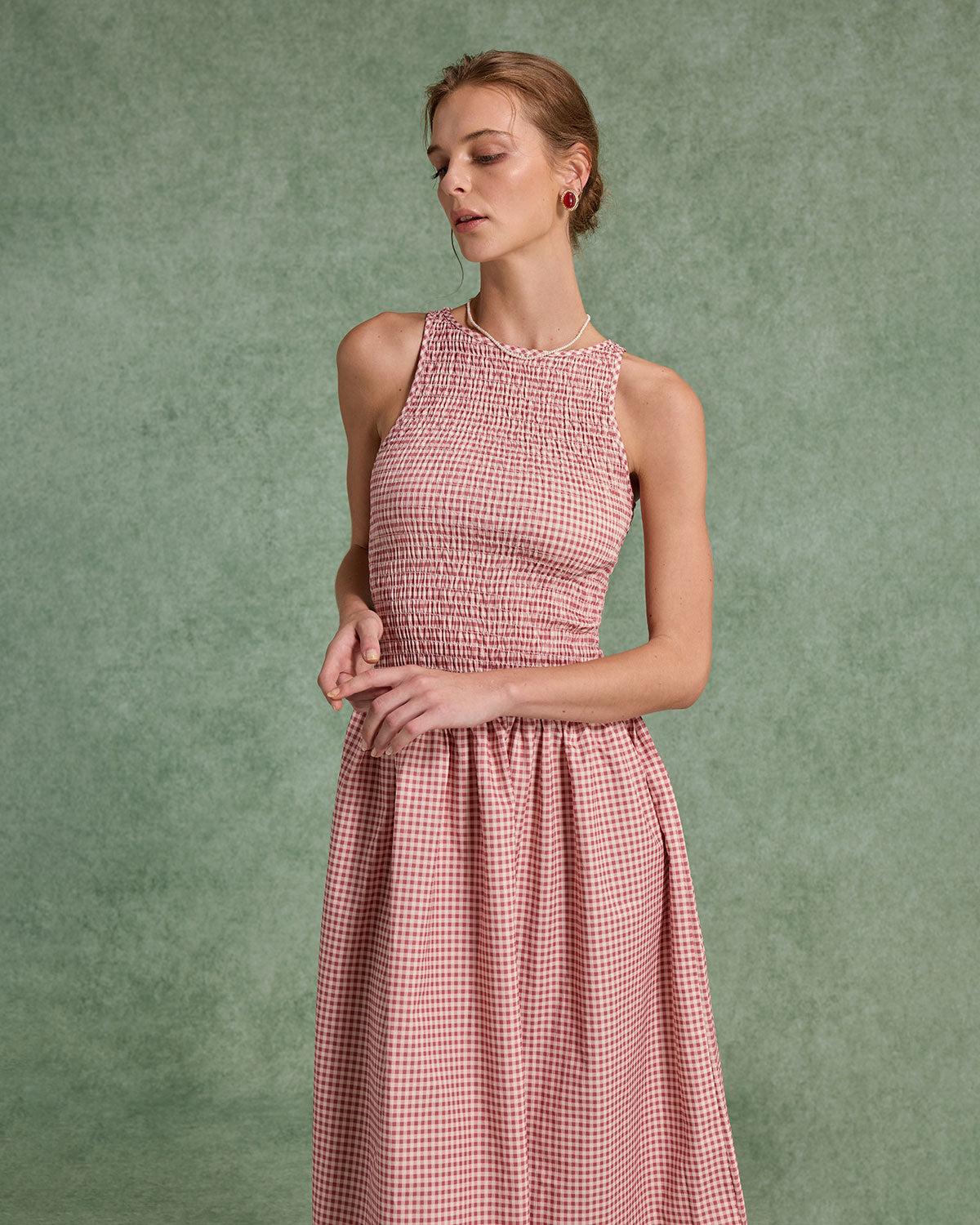 Red Plaid Shirred Sleeveless Midi Dress Product Image