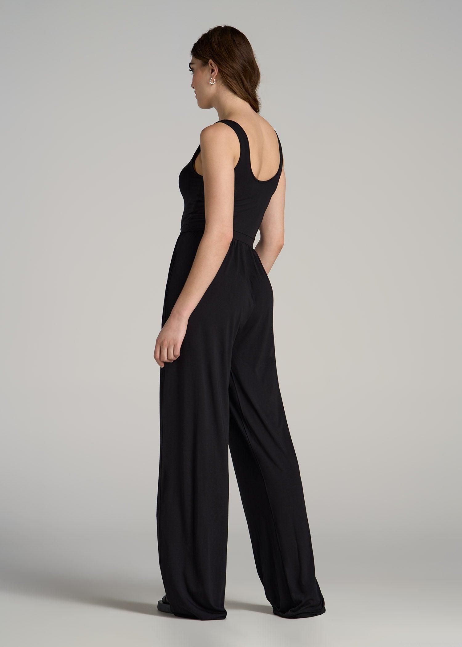 Jersey Tank Wide-Leg Jumpsuit with Pockets for Tall Women in Black Female Product Image