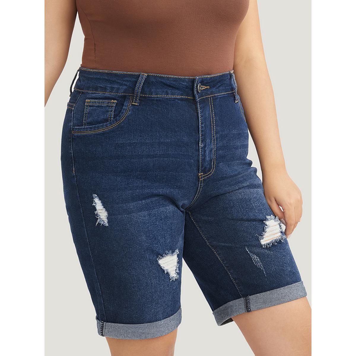 Plus Size Slightly Stretchy High Rise Dark Wash Distressed Denim Shorts Women DarkBlue Casual Plain Distressed Low stretch Pocket Jeans BloomChic 10/M Product Image