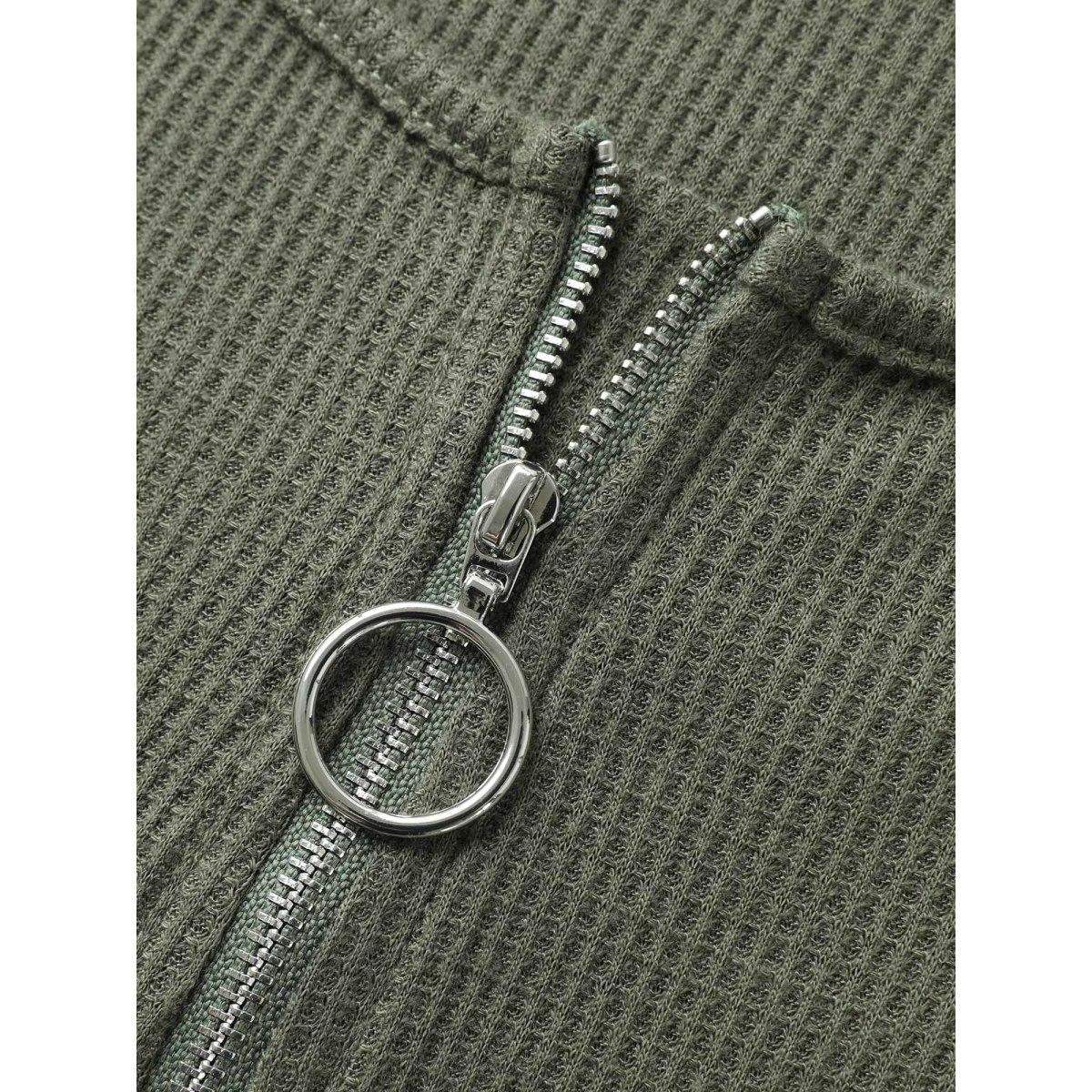 Plus Size Waffle High Low Hem Zipper T-Shirt ArmyGreen Women Leisure Topstitching Round Neck Casual T-shirts BloomChic 26/4X Product Image