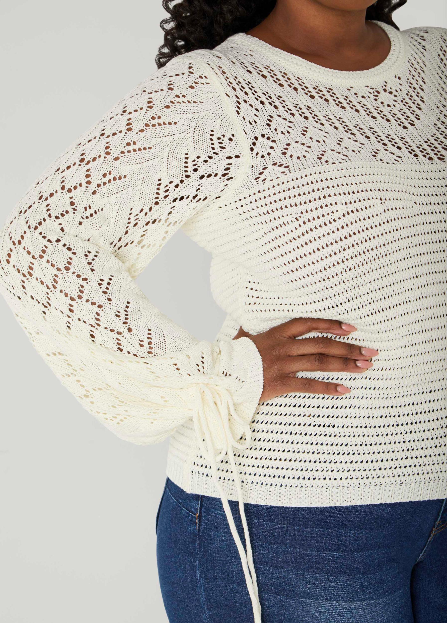 Plus Size Drawstring Crochet Sweater Ashley Stewart Product Image