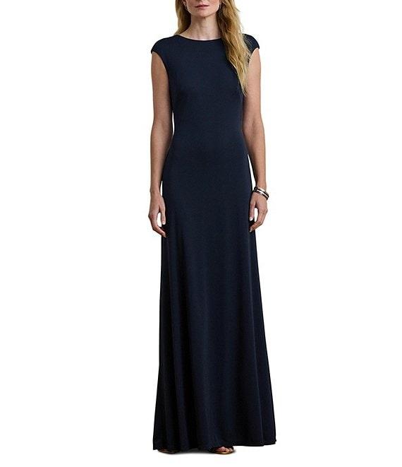 Lauren Ralph Lauren Jersey Knit Crew Neck Cap Sleeve Back Criss Cross Gown Product Image