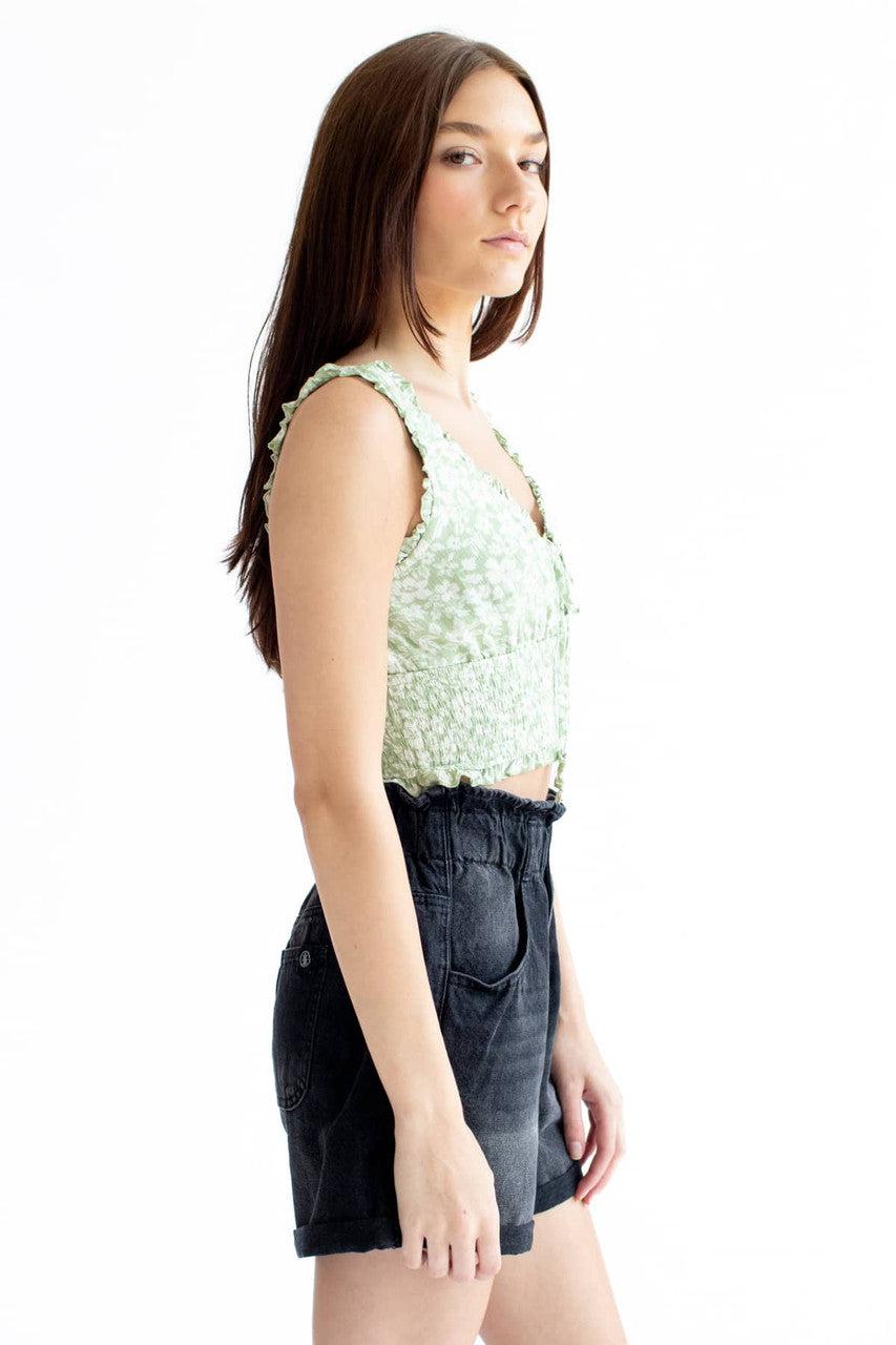 Green Gauze Floral Smock Waist Top Product Image